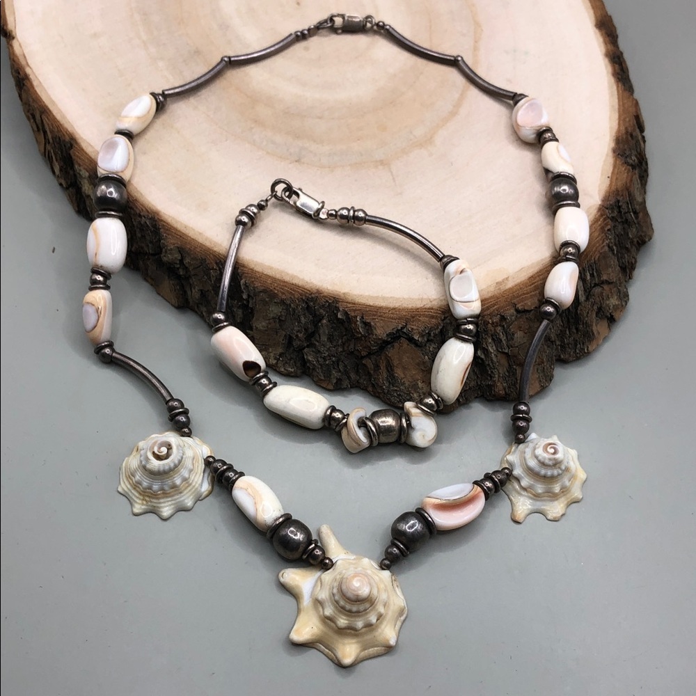 VINTAGE artisan sterling silver beach boho sea shells necklace & bracelet set